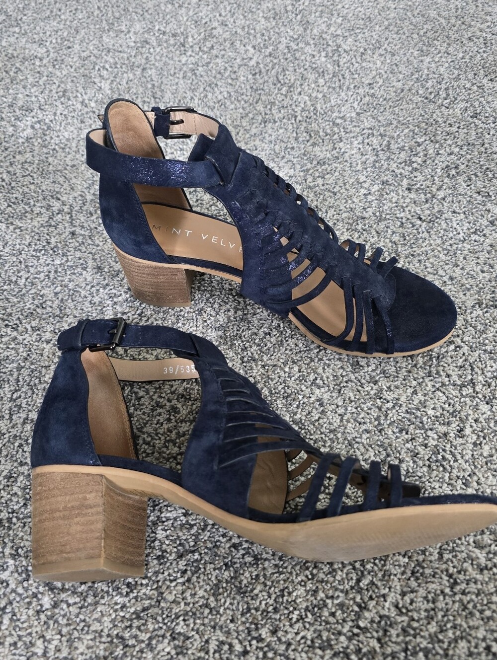 Mint Velvet Robyn Navy Metallic Caged Block Heel Sandals Size 39 US 8.5
